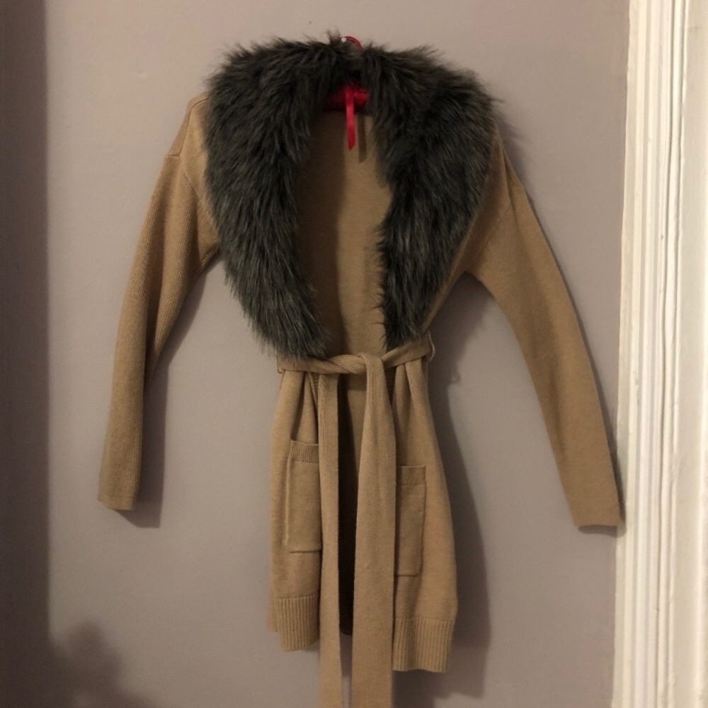 Wrap Cardigan with Faux Fur Collar
